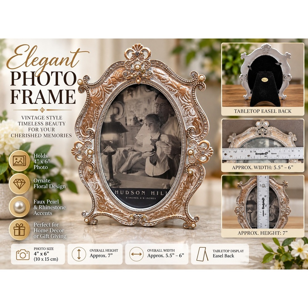 Hudson Hill Ornate Oval Photo Frame 4x6 Vintage Gold Floral Pearl Rhinestone